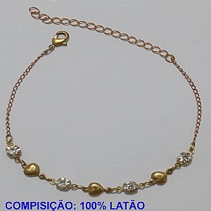 PULSEIRA NO BRUTO PRONTO PARA O BANHO- PULSEIRA FEMININA COM TRÊS CORAÇÃO + QUATRO CRISTAL  - TAMANHO 18CM + EXTENSOR - PESO 2.2GR E FECHO LAGOSTA - BRU11026A