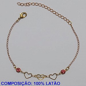PULSEIRA NO BRUTO PRONTO PARA O BANHO- PULSEIRA FEMININA COM CORAÇÃO LOVE + DOIS CORAÇÃO VAZADO + DOIS CRISTAL ROSA - TAMANHO 17CM + EXTENSOR - PESO 1.3GR E FECHO LAGOSTA - BRU11029A