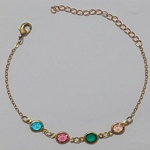PULSEIRA NO BRUTO PRONTO PARA O BANHO - PULSEIRA FEMININA COM QUATRO CRISTAL (AZUL-ROSA-VERDE-LARANJA) - TAMANHO 16CM + EXTENSOR - PESO 1.6GR E FECHO LAGOSTA - BRU11042A