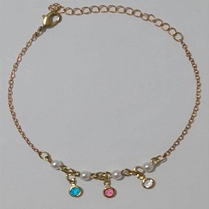 PULSEIRA NO BRUTO PRONTO PARA O BANHO(CX106) - PULSEIRA FEMININA COM TRÊS ZIRCÔNIA (AZUL-ROSA-CRISTAL) + QUATRO PEROLA - TAMANHO 17CM + EXTENSOR - PESO 1.5GR E FECHO LAGOSTA - BRU11049A