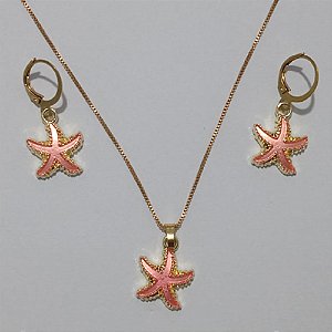 CONJUNTO NO BRUTO PRONTO PARA O BANHO(CX78) - COM CORRENTE VENEZIANA 45CM ESTRELA EM ALTA FUSÃO (ROSA) BRINCO COM ARGOLA - PESO TOTAL 6.4GR - PINGENTE/BRINCO  TAM. 18MM - BRU11059A