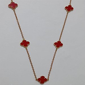 GARGANTILHA (COLAR ) NO BRUTO PRONTO PARA O BANHO (VAN CLEEF)- COM CORRENTE CADEADO COLAR DE 60CM(COR VERMELHO) - COM CINCO TREVO 13MM - PESO TOTAL 7.2GR - TREVO 70% LATÃO E 30% VIDRO - BRU07534
