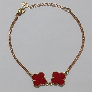 PULSEIRA NO BRUTO PRONTO PARA O BANHO (VAN CLEEF) - COM CORRENTE TIJOLINHO TAMANHO 19.5CM+EXTENSOR - COM DOIS TREVO VERMELHO 13.2MM - PESO 3.9GR TREVO COM 70%LATÃO E 30% VIDRO - BRU07536