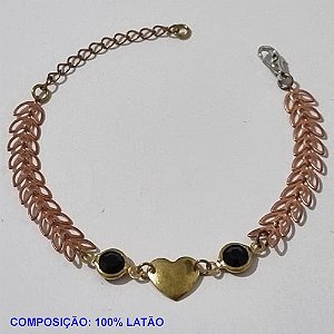 PULSEIRA NO BRUTO PRONTO PARA O BANHO(CX92) -  PULSEIRA FEMININA CORAÇÃO LISO COM PEDRA CRISTAL PRETA  - TAMANHO 18CM + EXTENSOR - PESO 2,0GR  E FECHO LAGOSTA - BRU001143A
