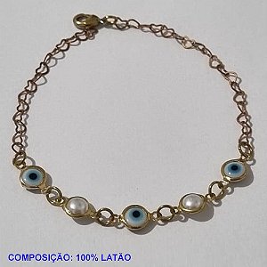 PULSEIRA NO BRUTO PRONTO PARA O BANHO -  PULSEIRA FEMININA OLHOS GREGOS E PÉROLAS - TAMANHO 19CM - PESO 1,9GR  E FECHO LAGOSTA - BRU001153A