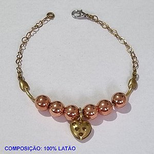 PULSEIRA NO BRUTO PRONTO PARA O BANHO(CX79) -  PULSEIRA FEMININA BOLINHAS LISAS E CORAÇÃO VAZADO  - TAMANHO 18CM - PESO 3.5GR  E FECHO LAGOSTA - BRU001401A