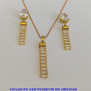 CONJUNTO NO BRUTO PRONTO PARA O BANHO CORRENTE VENEZIANA DE 45CM- PINGENTE DE 80% ZIRCONIA E 20% LATÃO - BRINCO COM BASE DE PINO - PESO TOTAL 8.7GR -BRU7463C