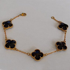 PULSEIRA NO BRUTO PRONTO PARA O BANHO(VAN CLEEF) -COM CORRENTE CADEADO TAMANHO 18CM -  COM CINCO TREVO NEGRO 14MM - PESO 6.1GR   - BRU7542H