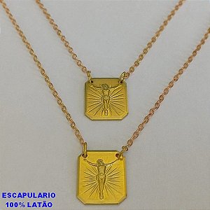 ESCAPULARIO BRUTO PRONTO PARA BANHO  COM CORRENTE SINGAPURA - (3437) PLACA CHANFRADA P/ ESCAP C/ CRISTO E DIAM 15MM  PESO 4.7GR - BRU4337