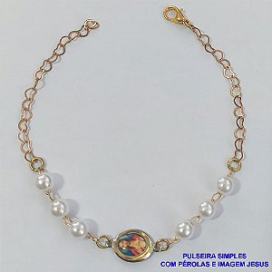 PULSEIRA NO BRUTO PRONTO PARA O BANHO(CX77) - PULSEIRA COM PÉROLAS E IMAGEM JESUS CRISTO - TAMANHO 18CM - PESO 1.9GR - BRU8882