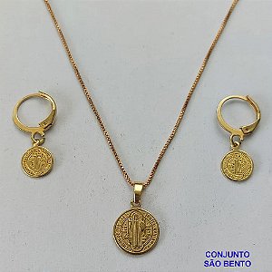 CONJUNTO NO BRUTO PRONTO PARA O BANHO  - GARGANTILHA COM CORRENTE VENEZIANA DE 45CM - SÃO BENTO - (TQ210) PINGENTE 12MM  E BRINCO 8MM COM ARGOLA DE PRESSÃO - PESO TOTAL: 3,9GR - BRU8959