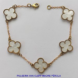 PULSEIRA NO BRUTO PRONTO PARA O BANHO (VAN CLEEF) - COM CORRENTE CADEADO TAMANHO 18CM - COM CINCO TREVO EM MADRE PÉROLA 14MM - PESO 4,4GR - BRU8992