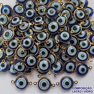 ACESSORIO PINGENTE NO BRUTO PRONTO PARA O BANHO - COMPOSIÇÃO LATÃO / VIDRO - OLHO GREGO COM DUAS ARGOLINHAS - TAMANHO 12X12MM PESO TOTAL 0,5GR - BRU0001390