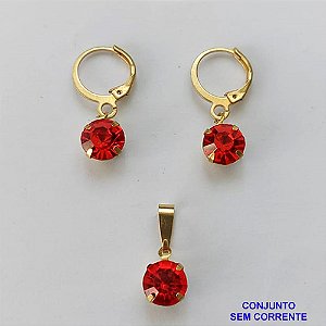 CONJUNTO NO BRUTO PRONTO PARA O BANHO - ARGOLINHA DE PRESSÃO TRANQUETA - (PINGENTE E BRINCO) PINGENTE DE 8MM PEDRA VERMELHA - PESO TOTAL 2.3GR -  BRU9113