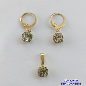 CONJUNTO NO BRUTO PRONTO PARA O BANHO - ARGOLINHA DE PRESSÃO TRANQUETA - (PINGENTE E BRINCO) PINGENTE DE 8MM PEDRA CRISTAL - PESO TOTAL 2.3GR -  BRU9116