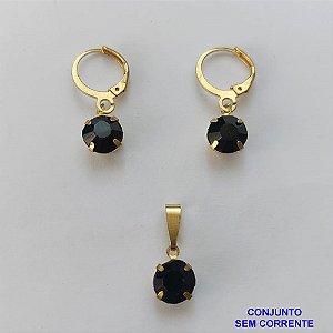CONJUNTO NO BRUTO PRONTO PARA O BANHO - ARGOLINHA DE PRESSÃO TRANQUETA - (PINGENTE E BRINCO) PINGENTE DE 8MM PEDRA PRETA - PESO TOTAL 2.3GR -  BRU9117