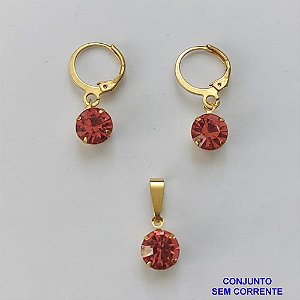 CONJUNTO NO BRUTO PRONTO PARA O BANHO - ARGOLINHA DE PRESSÃO TRANQUETA - (PINGENTE E BRINCO) PINGENTE DE 8MM PEDRA ROSA - PESO TOTAL 2.3GR -  BRU9118