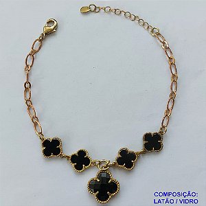 PULSEIRA NO BRUTO PRONTO PARA O BANHO -  PULSEIRA FEMININA COM 4 PINGENTES TIPO VAN CLEEF 11MM E 1 DE 15MM EM VIDRO - TAMANHO 18CM COM EXTENSOR E FECHO LAGOSTA COMPOSIÇÃO: LATÃO / VIDRO - PESO 6,3GR - BRU9151