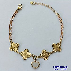 PULSEIRA NO BRUTO PRONTO PARA O BANHO -  PULSEIRA FEMININA COM 4 PINGENTES TIPO VAN CLEEF 15MM COM PINGENTE EM CORAÇÃO - TAMANHO 18CM COM EXTENSOR E FECHO LAGOSTA COMPOSIÇÃO: LATÃO / VIDRO - PESO 4,6GR - BRU9154