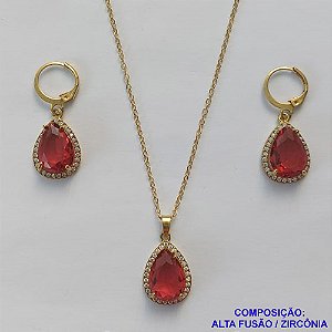 CONJUNTO NO BRUTO PRONTO PARA O BANHO COM CORRENTE CADEADO DE 45CM - PINGENTE BRINCO COM BASE ALTA FUSÃO CRAVEJADO COM ZIRCONIA 10X14MM VERMELHA - PESO TOTAL 9GR - BRU9156
