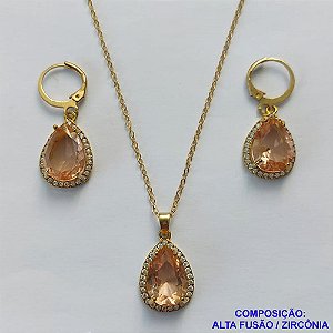 CONJUNTO NO BRUTO PRONTO PARA O BANHO COM CORRENTE CADEADO DE 45CM - PINGENTE BRINCO COM BASE ALTA FUSÃO CRAVEJADO COM ZIRCONIA 10X14MM MARROM - PESO TOTAL 9GR - BRU9158