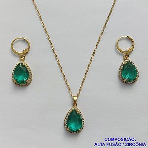 CONJUNTO NO BRUTO PRONTO PARA O BANHO COM CORRENTE CADEADO DE 45CM - PINGENTE BRINCO COM BASE ALTA FUSÃO CRAVEJADO COM ZIRCONIA 10X14MM VERDE - PESO TOTAL 9GR - BRU9159