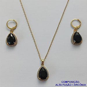 CONJUNTO NO BRUTO PRONTO PARA O BANHO COM CORRENTE CADEADO DE 45CM - PINGENTE BRINCO COM BASE ALTA FUSÃO CRAVEJADO COM ZIRCONIA 10X14MM PRETA - PESO TOTAL 9GR - BRU9160