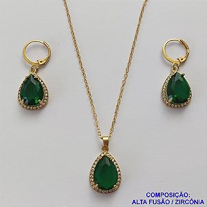CONJUNTO NO BRUTO PRONTO PARA O BANHO COM CORRENTE CADEADO DE 45CM - PINGENTE BRINCO COM BASE ALTA FUSÃO CRAVEJADO COM ZIRCONIA 10X14MM VERDE ESCURA - PESO TOTAL 9GR - BRU9162