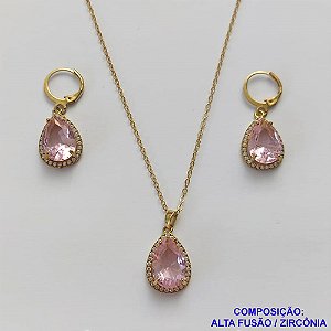 CONJUNTO NO BRUTO PRONTO PARA O BANHO COM CORRENTE CADEADO DE 45CM - PINGENTE BRINCO COM BASE ALTA FUSÃO CRAVEJADO COM ZIRCONIA 10X14MM ROSA - PESO TOTAL 9GR - BRU9163