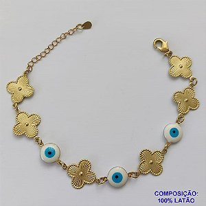 PULSEIRA NO BRUTO PRONTO PARA O BANHO - PULSEIRA FEMININA COM 3 OLHOS GREGOS E 6 PINGENTES TIPO VAN CLEEF 15MM - TAMANHO 18CM COM EXTENSOR E FECHO LAGOSTA COMPOSIÇÃO: LATÃO - PESO 5,4GR - BRU9178