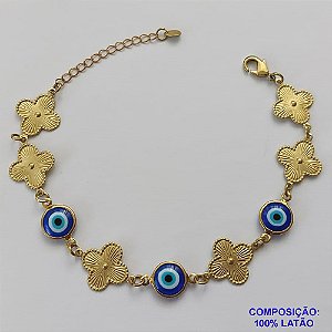 PULSEIRA NO BRUTO PRONTO PARA O BANHO - PULSEIRA FEMININA COM 3 OLHOS GREGOS E 6 PINGENTES TIPO VAN CLEEF 15MM - TAMANHO 18CM COM EXTENSOR E FECHO LAGOSTA COMPOSIÇÃO: LATÃO - PESO 5GR - BRU9179