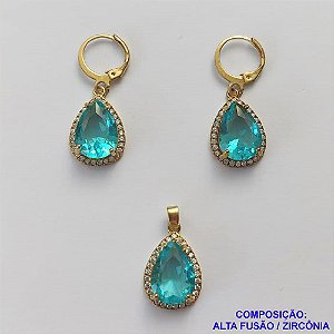 CONJUNTO NO BRUTO PRONTO PARA O BANHO "SEM CORRENTE" - PINGENTE BRINCO COM BASE ALTA FUSÃO CRAVEJADO COM ZIRCONIA 10X14MM AZUL CLARA - PESO TOTAL 7,2GR - BRU9180
