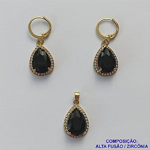 CONJUNTO NO BRUTO PRONTO PARA O BANHO "SEM CORRENTE" - PINGENTE BRINCO COM BASE ALTA FUSÃO CRAVEJADO COM ZIRCONIA 10X14MM PRETA - PESO TOTAL 7,2GR - BRU9181