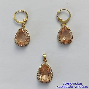 CONJUNTO NO BRUTO PRONTO PARA O BANHO "SEM CORRENTE" - PINGENTE BRINCO COM BASE ALTA FUSÃO CRAVEJADO COM ZIRCONIA 10X14MM MARROM CLARA - PESO TOTAL 7,2GR - BRU9182