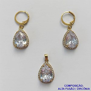 CONJUNTO NO BRUTO PRONTO PARA O BANHO "SEM CORRENTE" - PINGENTE BRINCO COM BASE ALTA FUSÃO CRAVEJADO COM ZIRCONIA 10X14MM CRISTAL - PESO TOTAL 7,2GR - BRU9184