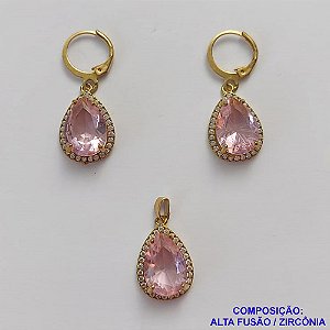 CONJUNTO NO BRUTO PRONTO PARA O BANHO "SEM CORRENTE" - PINGENTE BRINCO COM BASE ALTA FUSÃO CRAVEJADO COM ZIRCONIA 10X14MM ROSA - PESO TOTAL 7,2GR - BRU9186