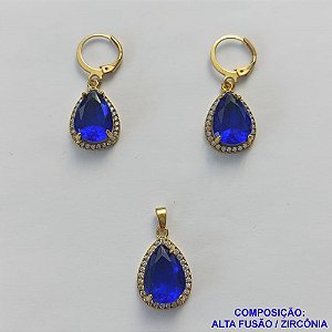 CONJUNTO NO BRUTO PRONTO PARA O BANHO "SEM CORRENTE" - PINGENTE BRINCO COM BASE ALTA FUSÃO CRAVEJADO COM ZIRCONIA 10X14MM AZUL ESCURA - PESO TOTAL 7,2GR - BRU9187