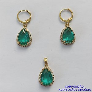 CONJUNTO NO BRUTO PRONTO PARA O BANHO "SEM CORRENTE" - PINGENTE BRINCO COM BASE ALTA FUSÃO CRAVEJADO COM ZIRCONIA 10X14MM VERDE - PESO TOTAL 7,2GR - BRU9188