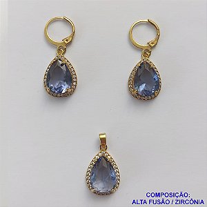 CONJUNTO NO BRUTO PRONTO PARA O BANHO "SEM CORRENTE" - PINGENTE BRINCO COM BASE ALTA FUSÃO CRAVEJADO COM ZIRCONIA 10X14MM LILÁS - PESO TOTAL 7,2GR - BRU9189