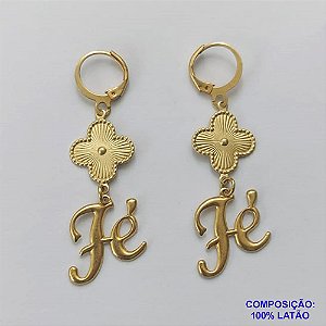 BRINCO NO BRUTO PRONTO PARA O BANHO -  BRINCO ARGOLINHA DE PRESSÃO (TRANQUETA) COM 1 PINGENTE TIPO VAN CLEEF 15MM E PINGENTE FÉ 20MM - PESO 2,7GR - BRU9201