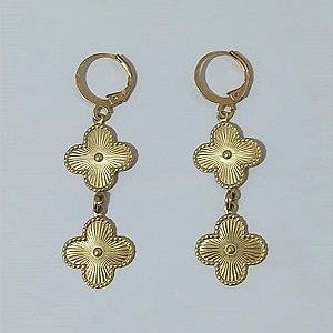 BRINCO NO BRUTO PRONTO PARA O BANHO -  BRINCO ARGOLINHA DE PRESSÃO (TRANQUETA) COM 2 PINGENTES TIPO VAN CLEEF TAMANHO 15MM - PESO 2,7GR - BRU9211