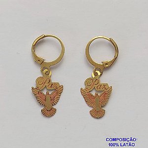 BRINCO BRUTO PRONTO PARA BANHO(CX95) COM ARGOLINHA DE PRESSÃO (TRANQUETA) PINGENTE ESPÍRITO SANTO COM PALAVRA PAZ 18MM - PESO TOTAL 1,3GR - BRU9226