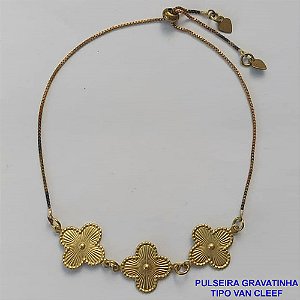 PULSEIRA GRAVATINHA NO BRUTO PRONTO PARA O BANHO - PULSEIRA AJUSTÁVEL TIPO VAN CLEEF COM PINGENTES TAMANHOS 15MM - COMPOSIÇÃO: 100% LATÃO - PESO 2,5GR - BRU9232
