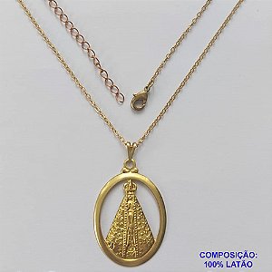 GARGANTILHA NO BRUTO PRONTO PARA O BANHO - (583) CORRENTE CADEADO DE 45CM COM EXTENSOR E FECHO LAGOSTA - COM PINGENTE OVAL MEDALHA NOSSA SRA APARECIDA 29MM - 3,1GR  - BRU9238