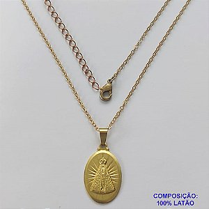 GARGANTILHA NO BRUTO PRONTO PARA O BANHO - (3264) CORRENTE CADEADO DE 45CM COM EXTENSOR E FECHO LAGOSTA - COM PINGENTE OVAL NOSSA SRA APARECIDA 20MM - 3,4GR  - BRU9242