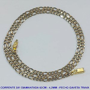 CORRENTE MASCULINA NO BRUTO PRONTO PARA O BANHO - CORRENTE 3X1 ELLO BATIDO DIAMANTADA (M3118) - COMPRIMENTO: 60CM - LARGURA 4,2MM - FECHO GAVETA COM TRAVA - PESO 13,3GR - COMPOSIÇÃO: 100% LATÃO - BRU9250