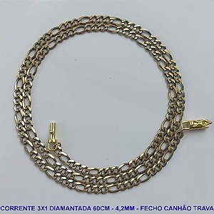 CORRENTE MASCULINA NO BRUTO PRONTO PARA O BANHO - CORRENTE 3X1 ELLO BATIDO DIAMANTADA (M3118) - COMPRIMENTO: 60CM - LARGURA 4,2MM - FECHO CANHÃO COM TRAVA - PESO 13,8GR - COMPOSIÇÃO: 100% LATÃO - BRU9252