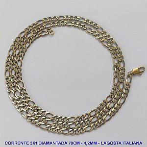 CORRENTE MASCULINA NO BRUTO PRONTO PARA O BANHO - CORRENTE 3X1 ELLO BATIDO DIAMANTADA (M3118) - COMPRIMENTO: 70CM - LARGURA 4,2MM - FECHO LAGOSTA ITALIANA - PESO 14,7GR - COMPOSIÇÃO: 100% LATÃO - BRU9257