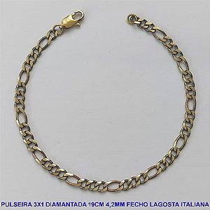PULSEIRA MASCULINA NO BRUTO PRONTO PARA O BANHO - COM CORRENTE 3X1 ELLO BATIDO DIAMANTADA (M3118) - COMPRIMENTO: 19CM - LARGURA 4,2MM - FECHO LAGOSTA ITALIANA - PESO 4,3GR - COMPOSIÇÃO: 100% LATÃO - BRU9258