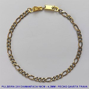 PULSEIRA MASCULINA NO BRUTO PRONTO PARA O BANHO - COM CORRENTE 3X1 ELLO BATIDO DIAMANTADA (M3118) - COMPRIMENTO: 19CM - LARGURA 4,2MM - FECHO GAVETA COM TRAVA - PESO 4,9GR - COMPOSIÇÃO: 100% LATÃO - BRU9260